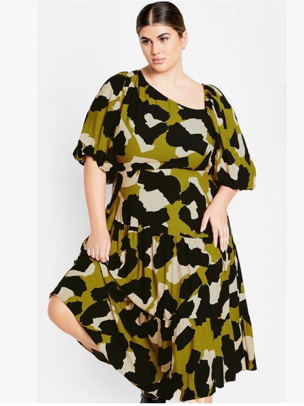 City Chic Aria Plus Size Olive & Black Print Tiered Asymmetrical Dress Size 14